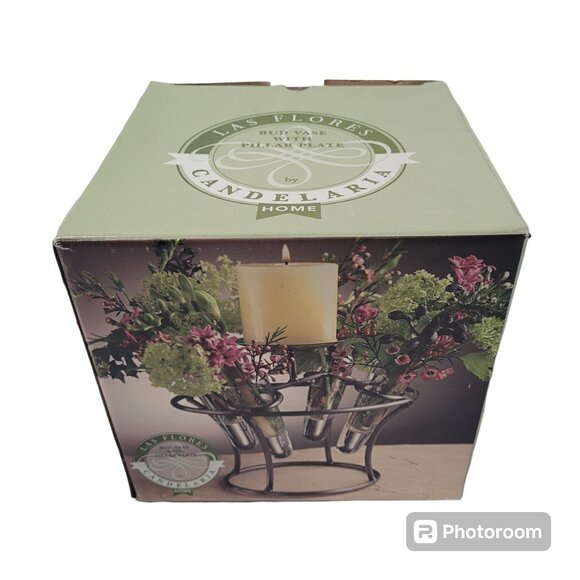 Candelaria Bud Vase with Pillar Plate 4 Glass Vases Wrought Iron Centerpiece - Picture 10 of 10